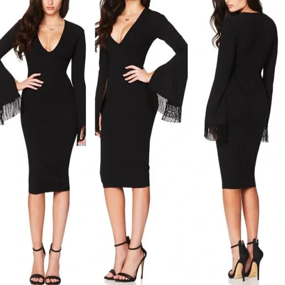 Nookie Iris Black Fringe Long Sleeve Midi Dress NWT Small